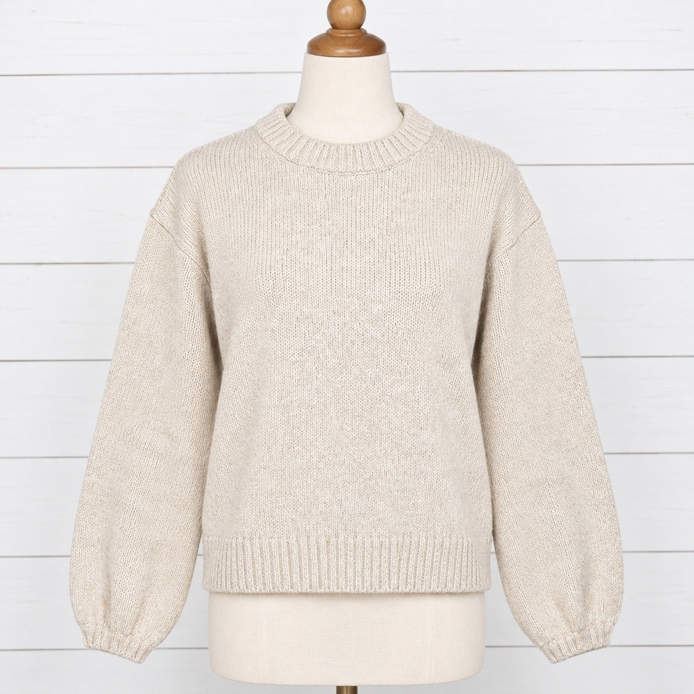 J Crew Puff Sleeve Crewneck Sweater Beige Marled Cotton Linen Cozy Cabincore XL